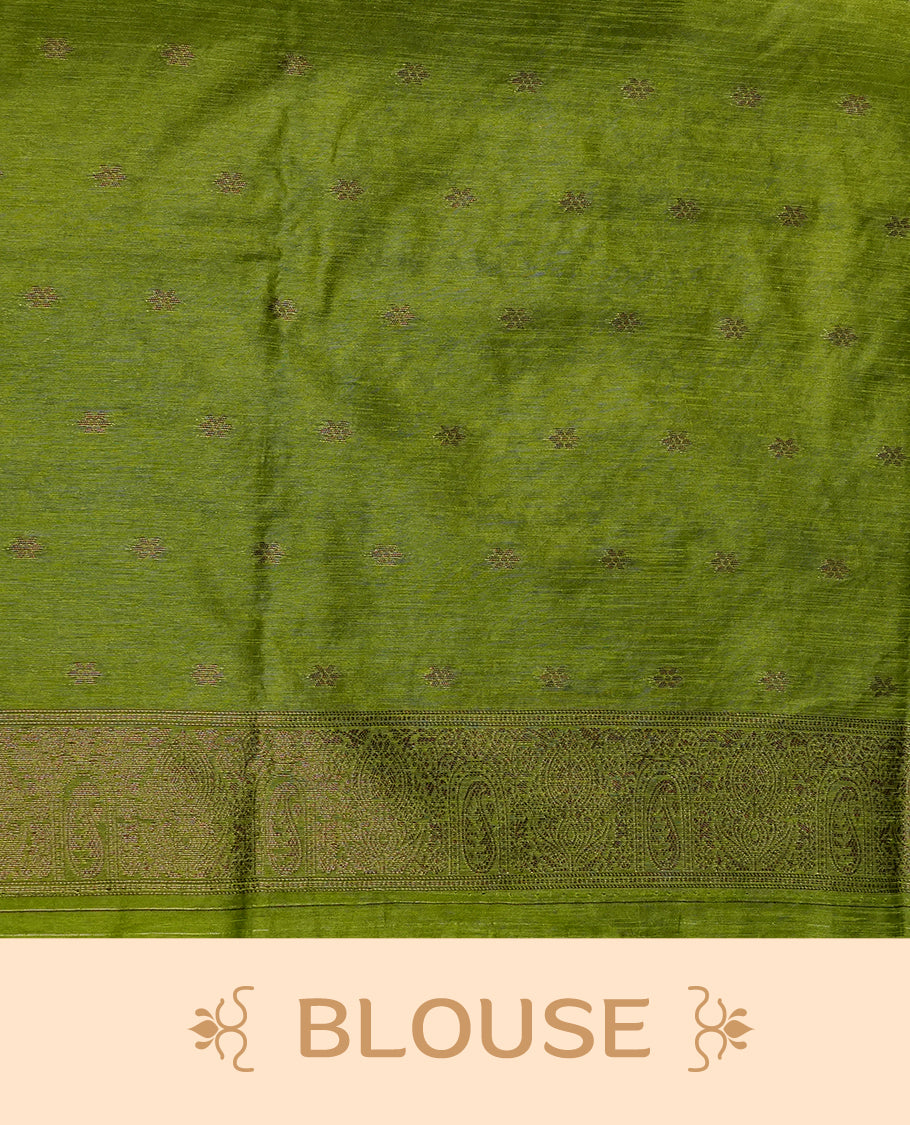 Green colour semi silk saree featuring Gold zari Leaf pattern on body, complemented by contrast colour with Gold zari border, comes with matching blouse piece.