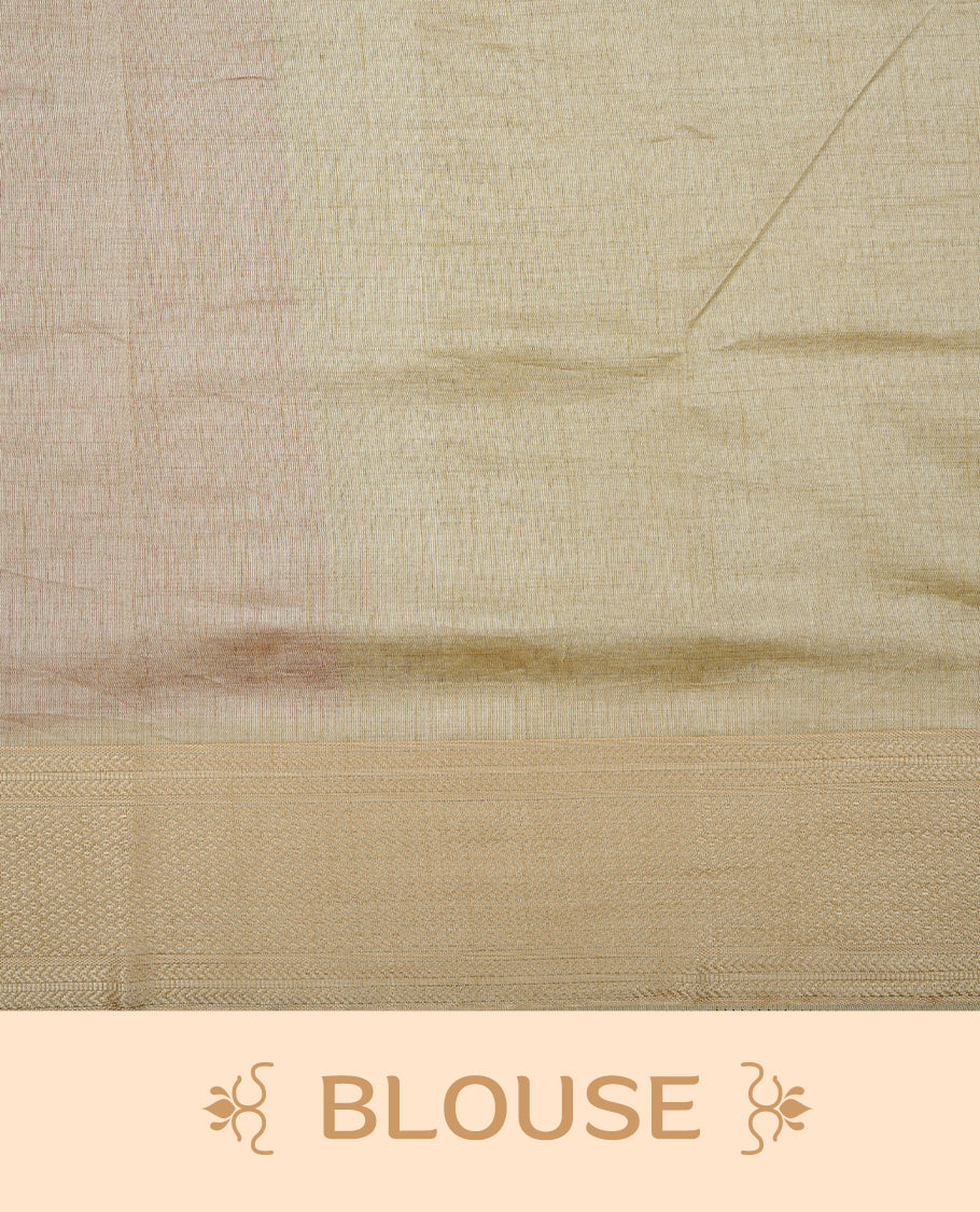 Red colour Semi Tussar silk saree featuring an elegant plain body, accentuated by a contrast cream border adorned with intricate gold zari work, paired with a matching blouse piece.