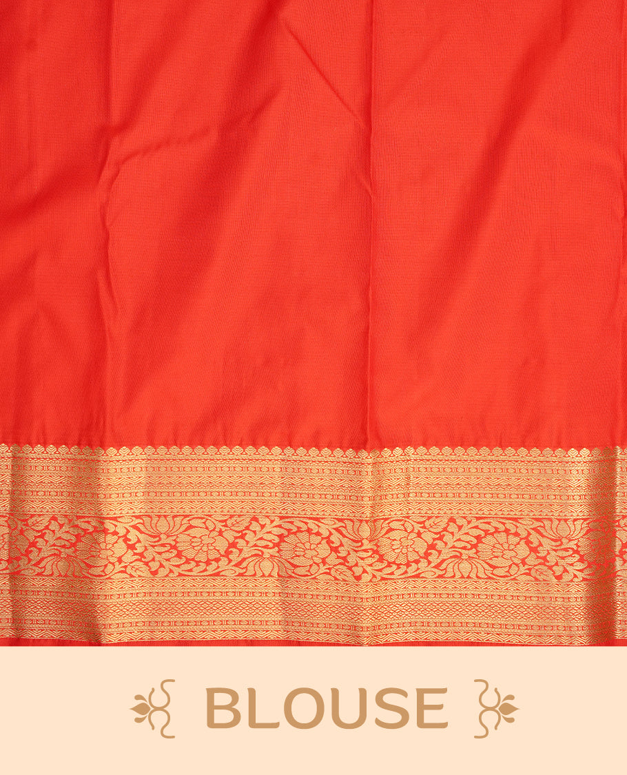 Light gold colour semi wedding saree featuring gold zari check with motifs on body, contrast red colour with traditional border, paired with matching blouse piece.