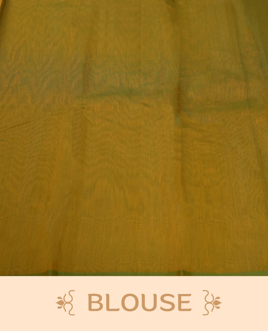 Dark green colour silk cotton saree featuring with full of delicate vertical copper zari lines on the body & green contrasted colour pallu, Crafted without a border for a classy touch, Comes with a matching blouse for a perfectly coordinated look.