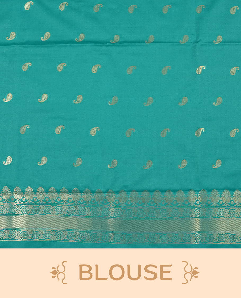 Teal colour semi soft silk saree featuring an all-over woven leaf pattern, finished with a matching border adorned with detailed paisley and floral motifs, and a matching blouse piece.