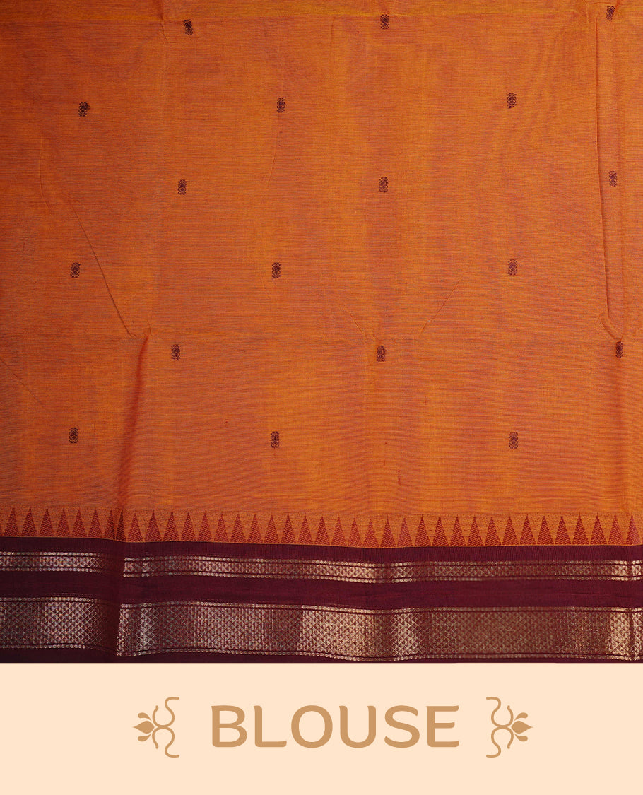 Rust Orange colour chettinad cotton saree featuring  Maroon Motifs  on body, complemented by Contrast Maroon Colour With Gold Zari border, paired with matching blouse piece.