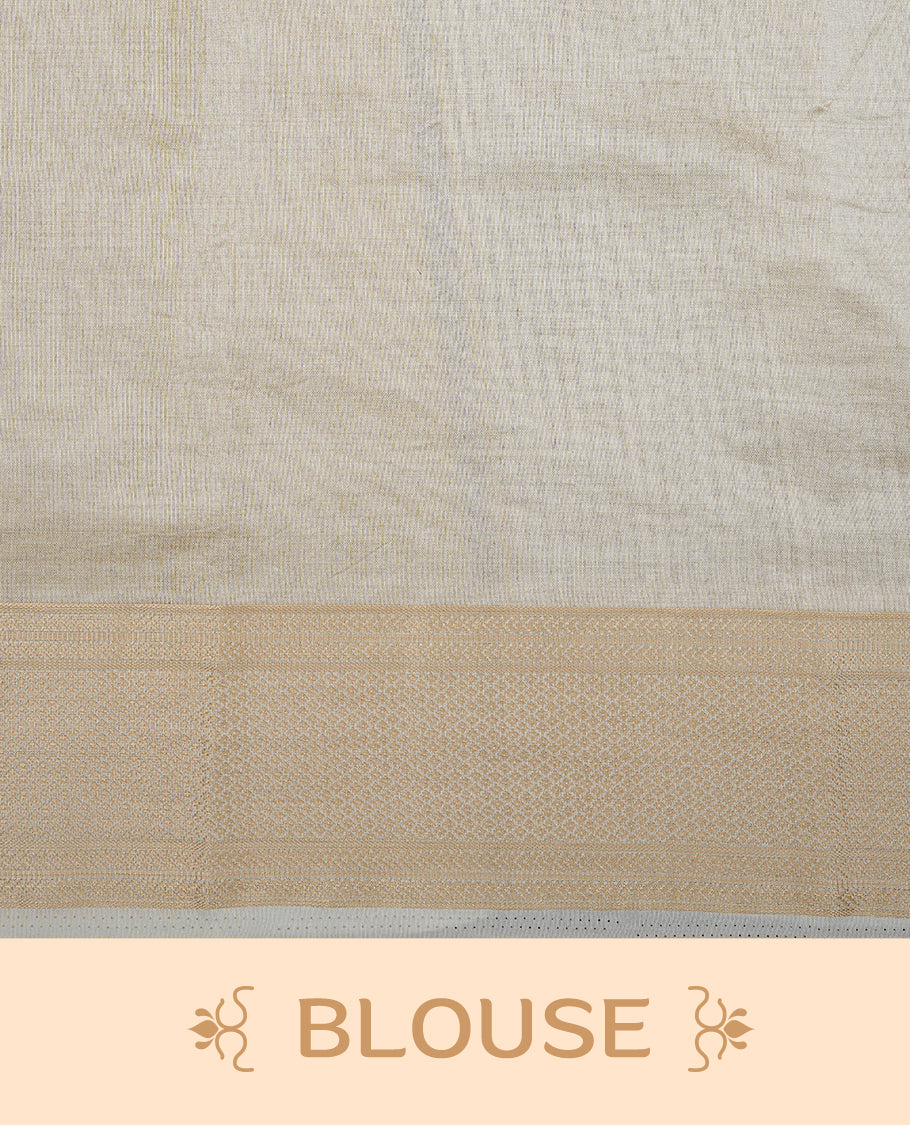 Mustard colour Semi Tussar silk saree featuring an elegant plain body, accentuated by a contrast cream border adorned with intricate gold zari work, paired with a matching blouse piece.