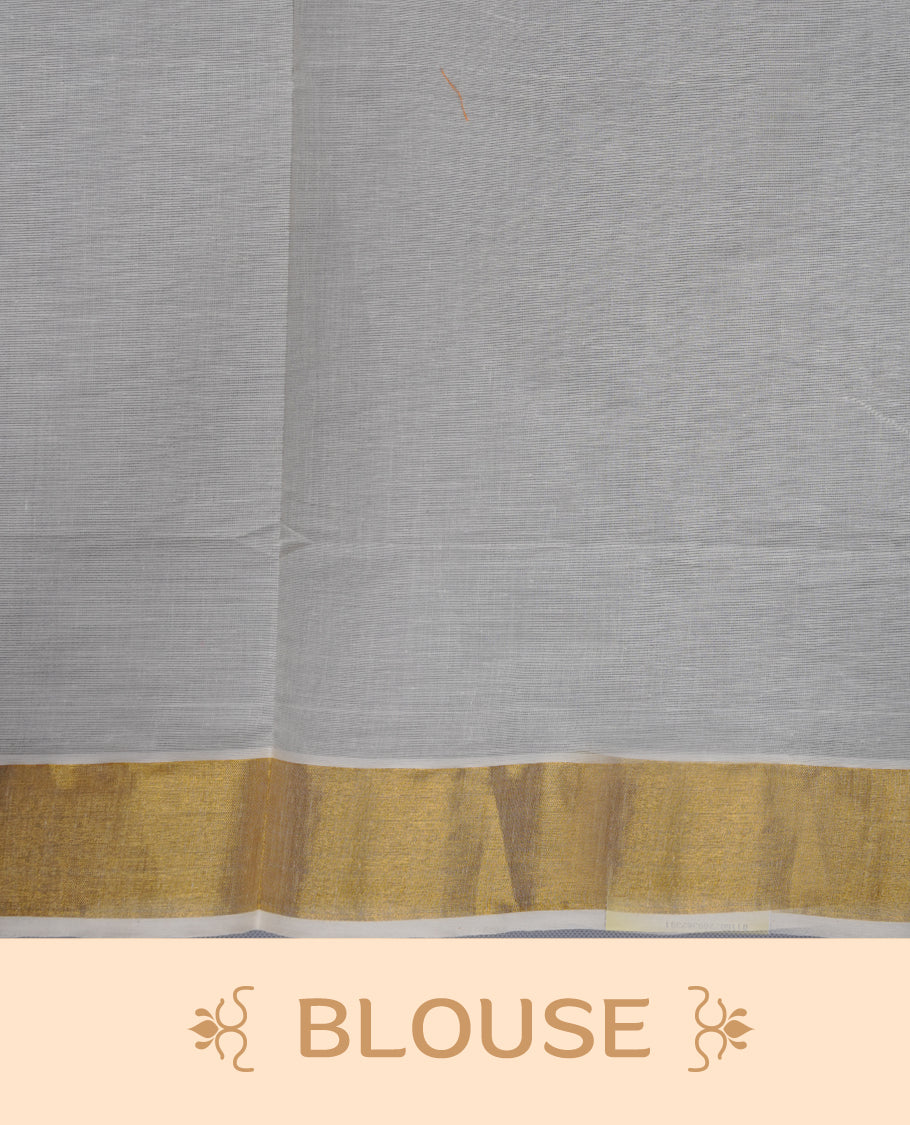 Off-white colour Kerala saree with a classic gold kasavu border, delicately embroidered floral motifs in orange and green across the body and pallu, finished with a subtle golden sheen for timeless elegance.