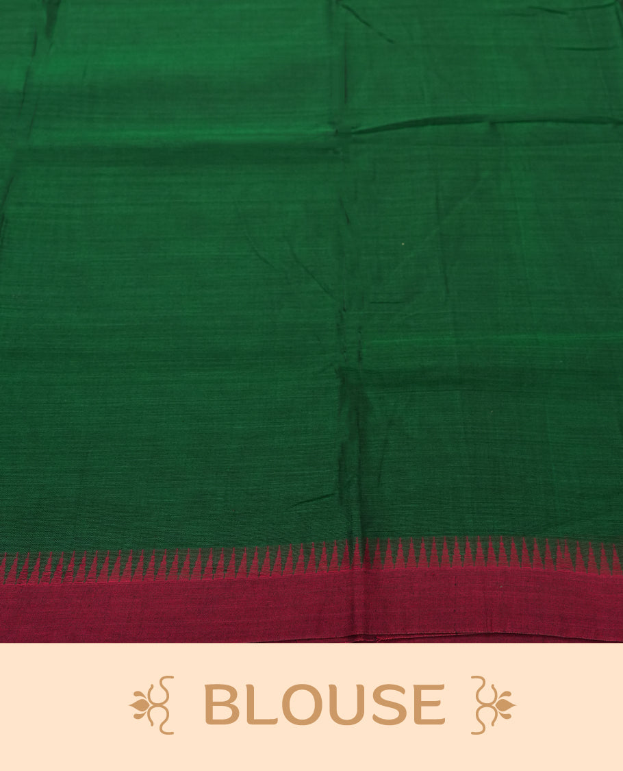 Dark Green colour Narayanapattu cotton saree featuring a self coloured body, maroon coloured zari pattern border and maroon striped colour pallu, pairing a matching blouse piece.