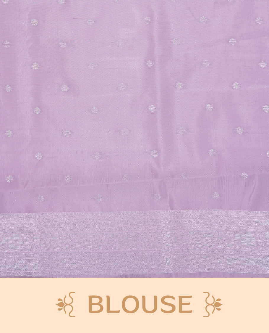 Teal colour semi silk saree featuring Silver zari Geometric pattern on body, complemented by contrast pink colour with silver zari border, comes with matching blouse piece.
