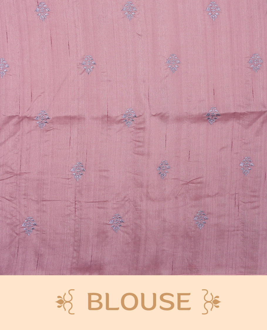 Pink colour semi tusser silk saree featuring Floral thread embroidery across body, without border and paired with matching blouse.
