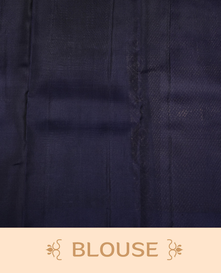 Peacock Green  colour soft silk saree featuring Plain body, complemented by contrast Blue with Rose Gold Zari   border, paired with matching blouse piece.