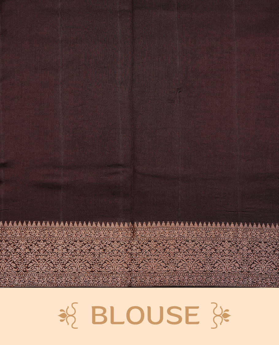 Chocolate Brown Colour Pure Banaras Soft Silk saree featuring Antique Zari buttas in body, complemented by zari work on self colour border, paired with matching Blouse Piece.