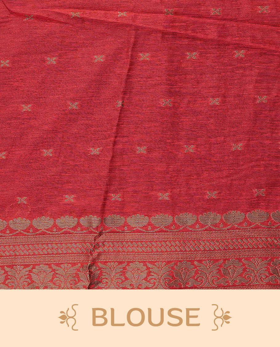 Black colour semi linen saree with elegant gold zari floral motifs across the body, complemented by a Red colour with grand gold zari contrast pallu  and a borderless design, paired with a matching blouse piece.