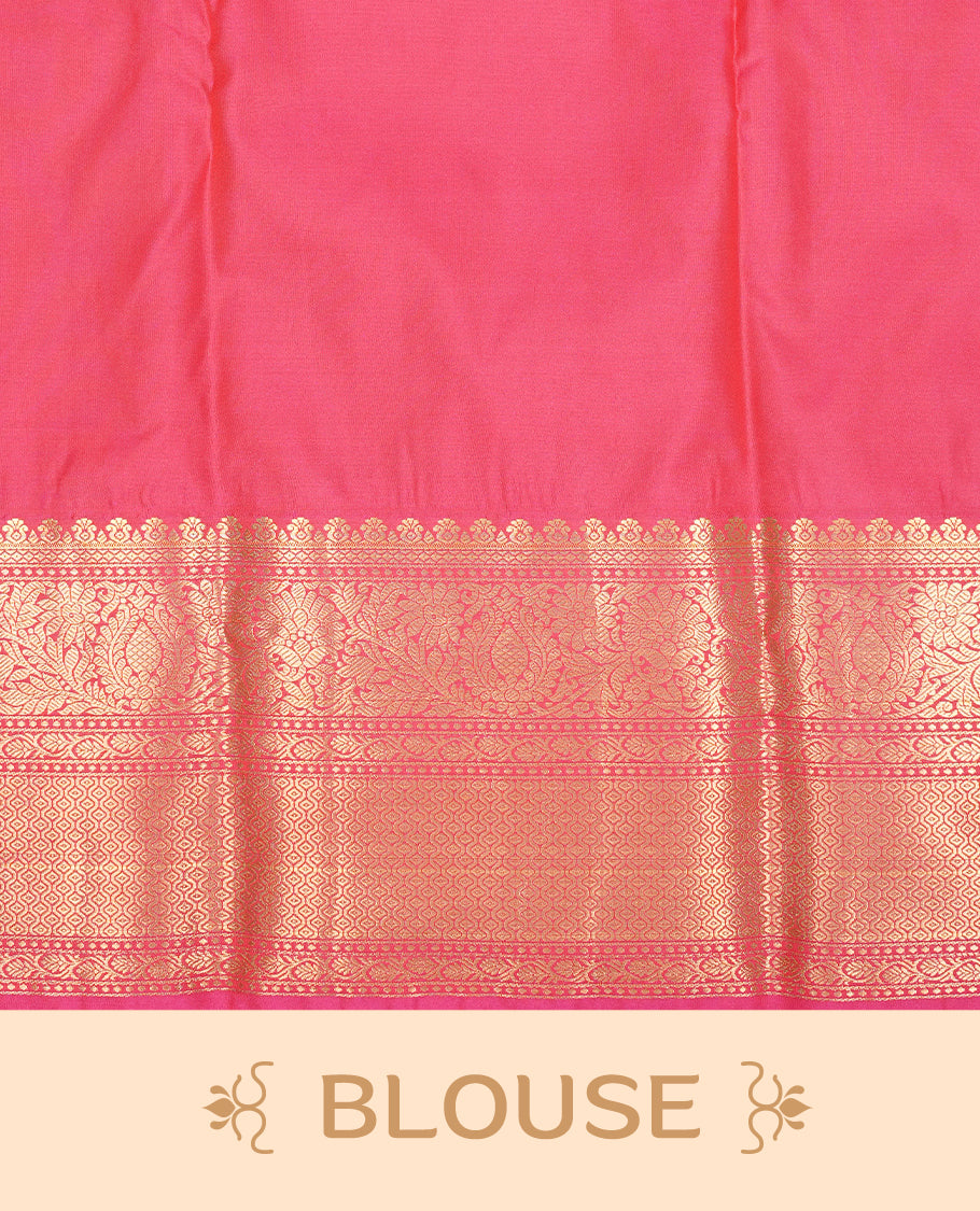 Magenta colour semi wedding silk saree featuring motifs with box pattern on body, complemented by self colour with traditional border, paired with matching blouse piece.