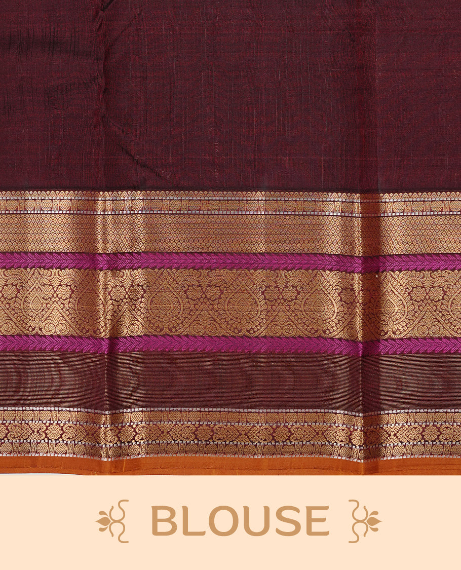 Olive Colour Traditional Kancheepuram Silk Saree Featuring Gold Zari Motifs on Body, Complemented By Self colour with Traditional zari & purple border, paired with matching blouse piece.