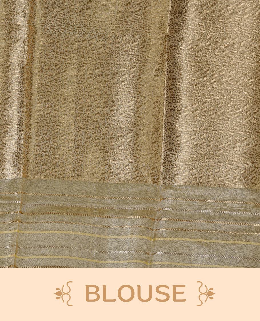 Yellow & gold double shade pure banaras tissue silk saree featuring gold zari floral & stripes on body, complemented by gold zari border, paired with matching blouse piece.