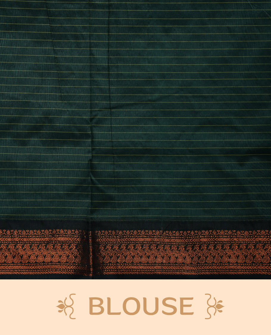 Mustard yellow colour mixed kalyani cotton saree featuring fine checked body, complemented by a dark green zari border and richly woven traditional pallu, paired with a matching blouse.