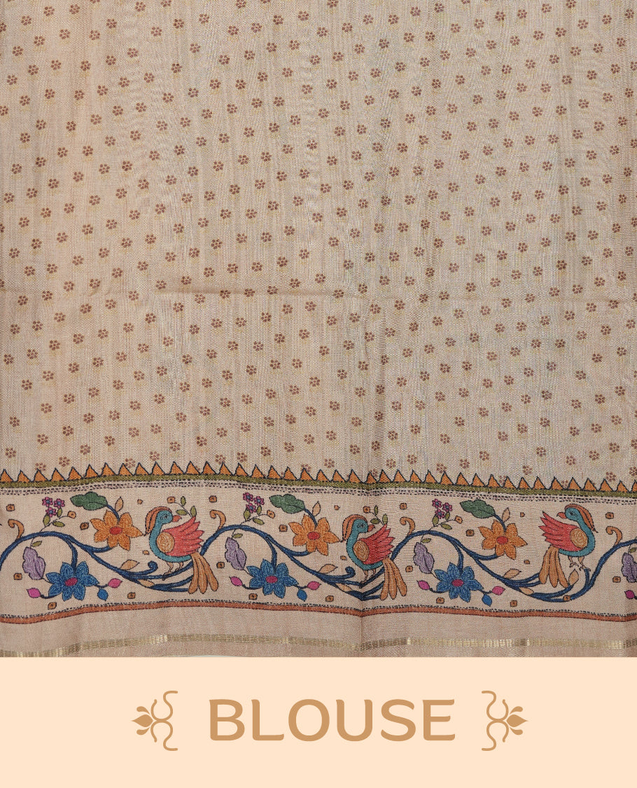 Dark blue colour semi tusser silk saree featuring gold zari check pattern with floral butti motifs, with contrast floral kodi & bird pattern and paired with matching blouse.