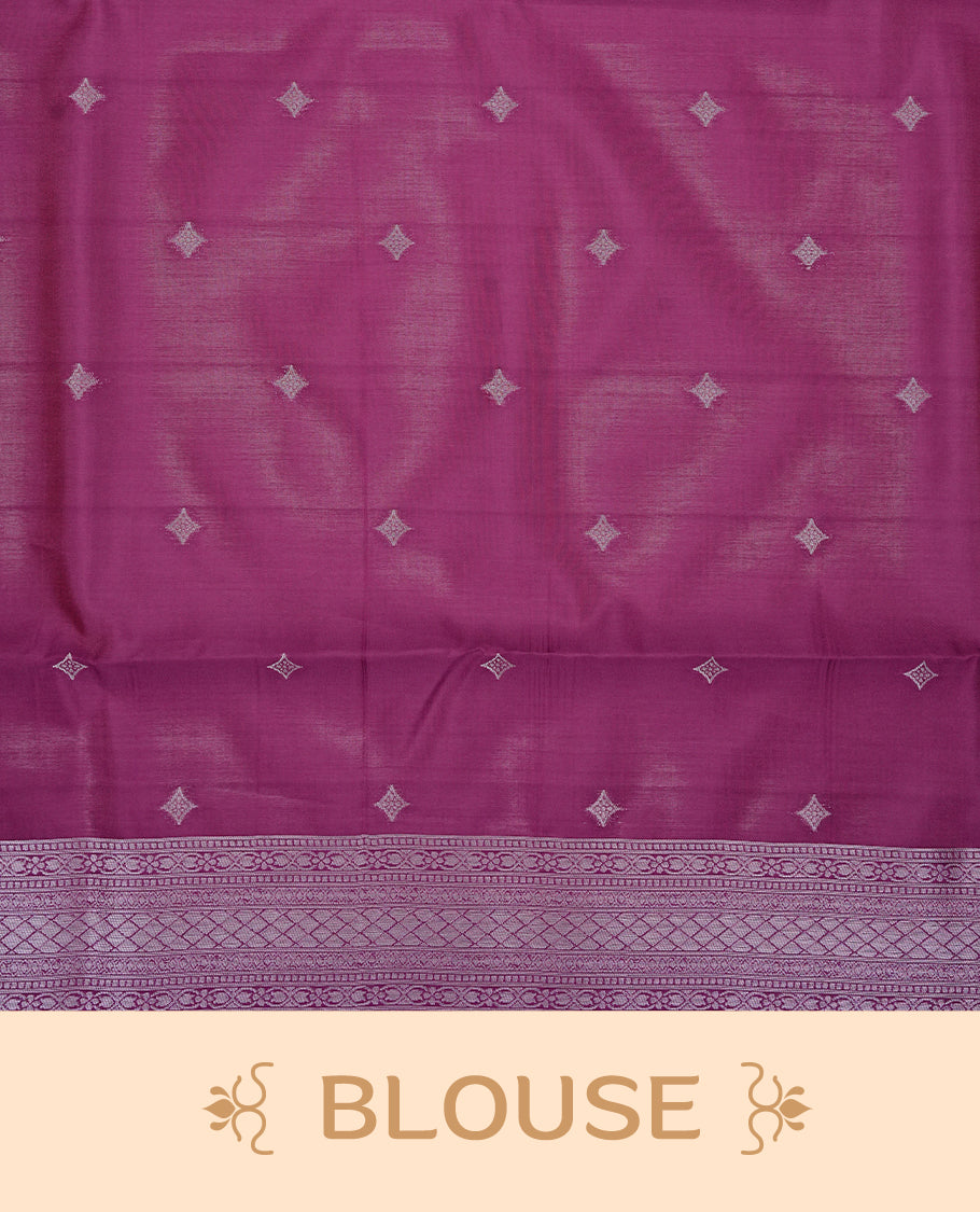 Baby pink colour semi silk saree featuring Silver zari Design pattern on body, complemented by contrast Purple colour with silver zari border, comes with matching blouse piece