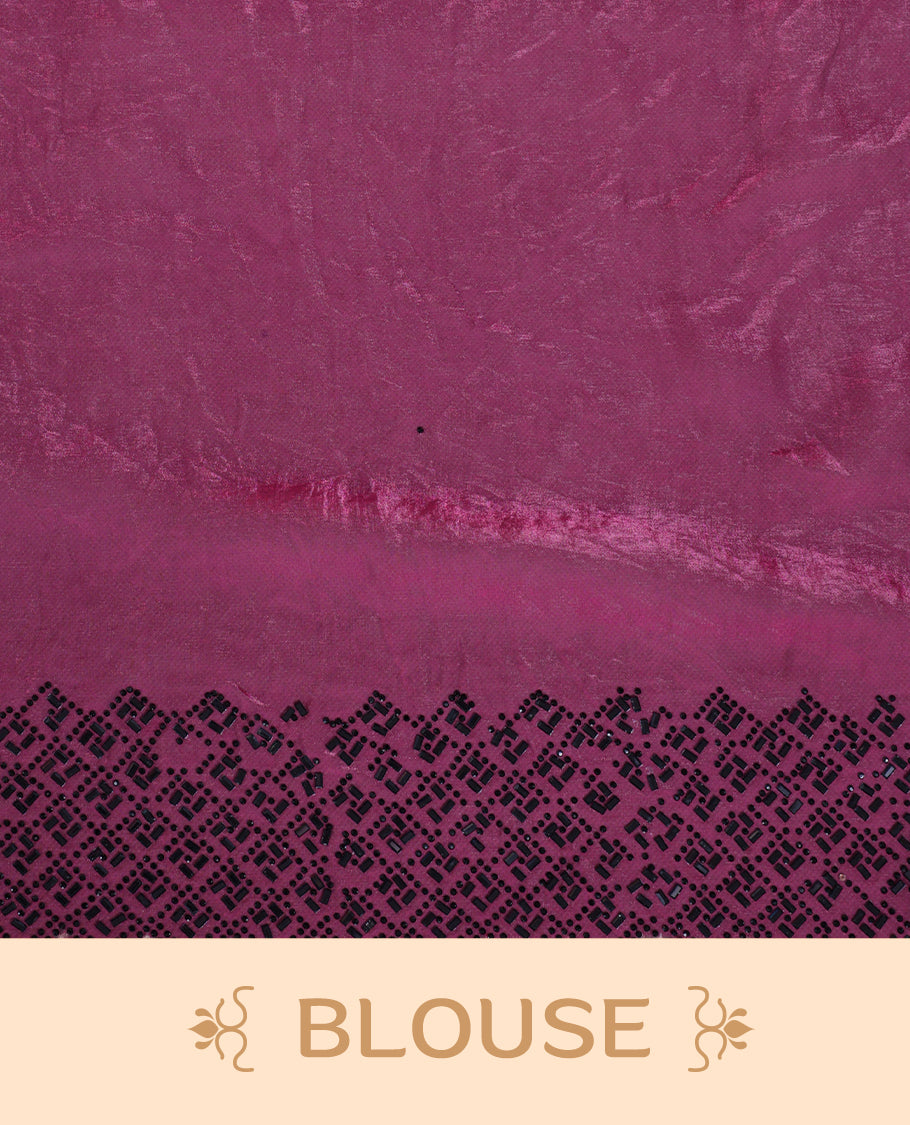 Dark Purple colour velvet chiffon designer saree, featuring black thread embroidery kodi pattern on body, black cut stone work and heavy stone border, pallu and  Paired with matching blouse.