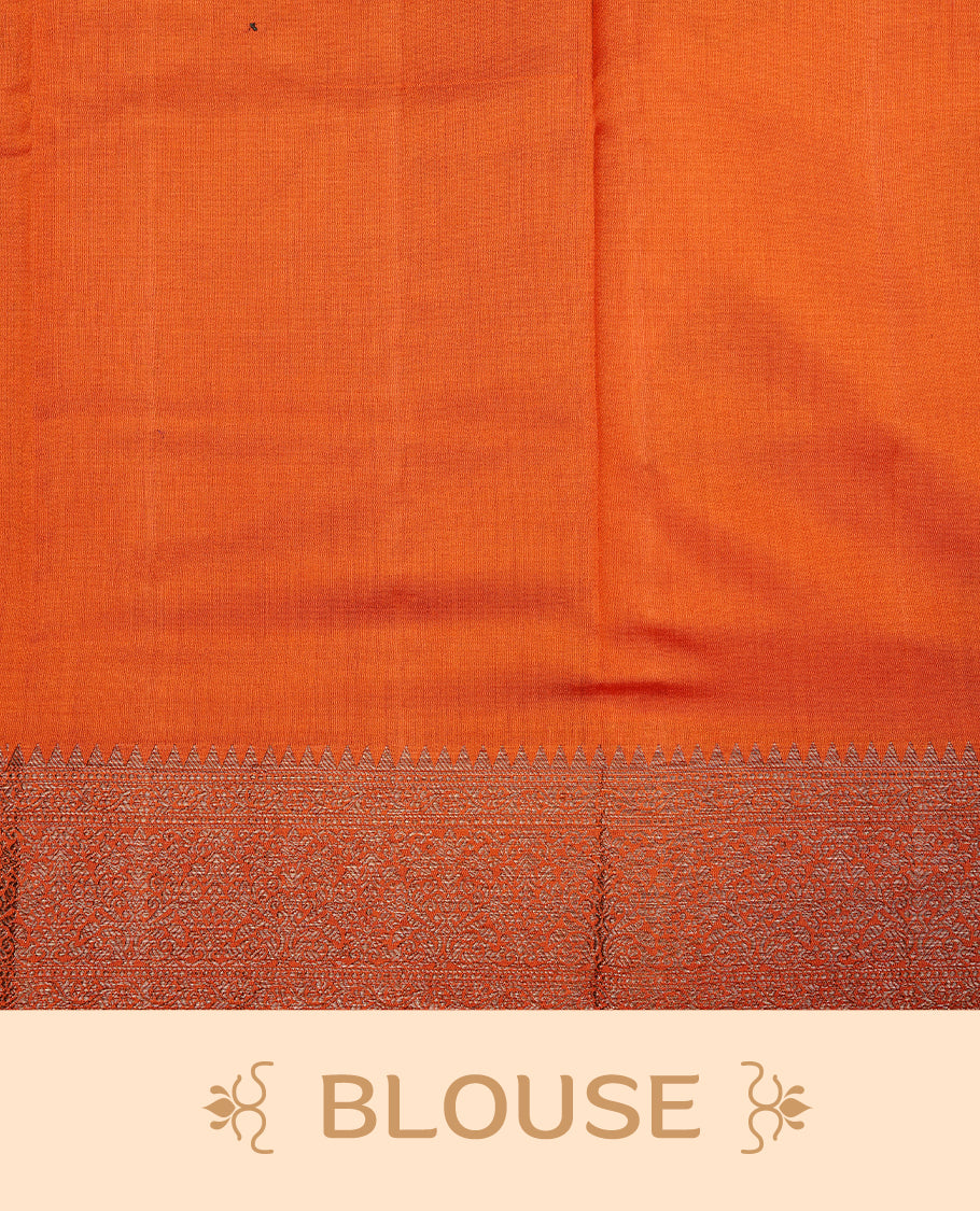Orange Colour Pure Banaras Soft Silk saree featuring Antique Zari buttas in body, complemented by zari work on self colour border, paired with matching Blouse Piece.