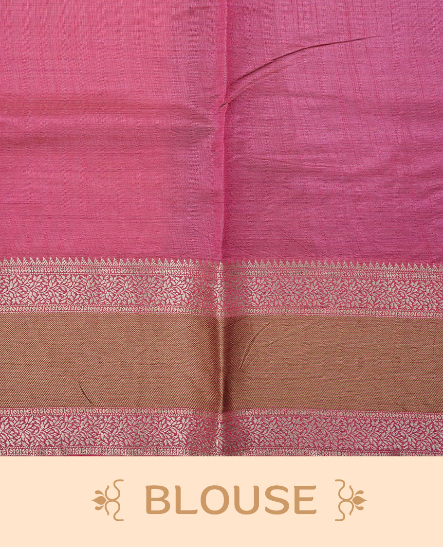 Greyish blue colour Tussar saree featuring Gold zari buttas on body, complemented by contrast Magenta & olive Colour with Gold zari border, comes with matching blouse piece.
