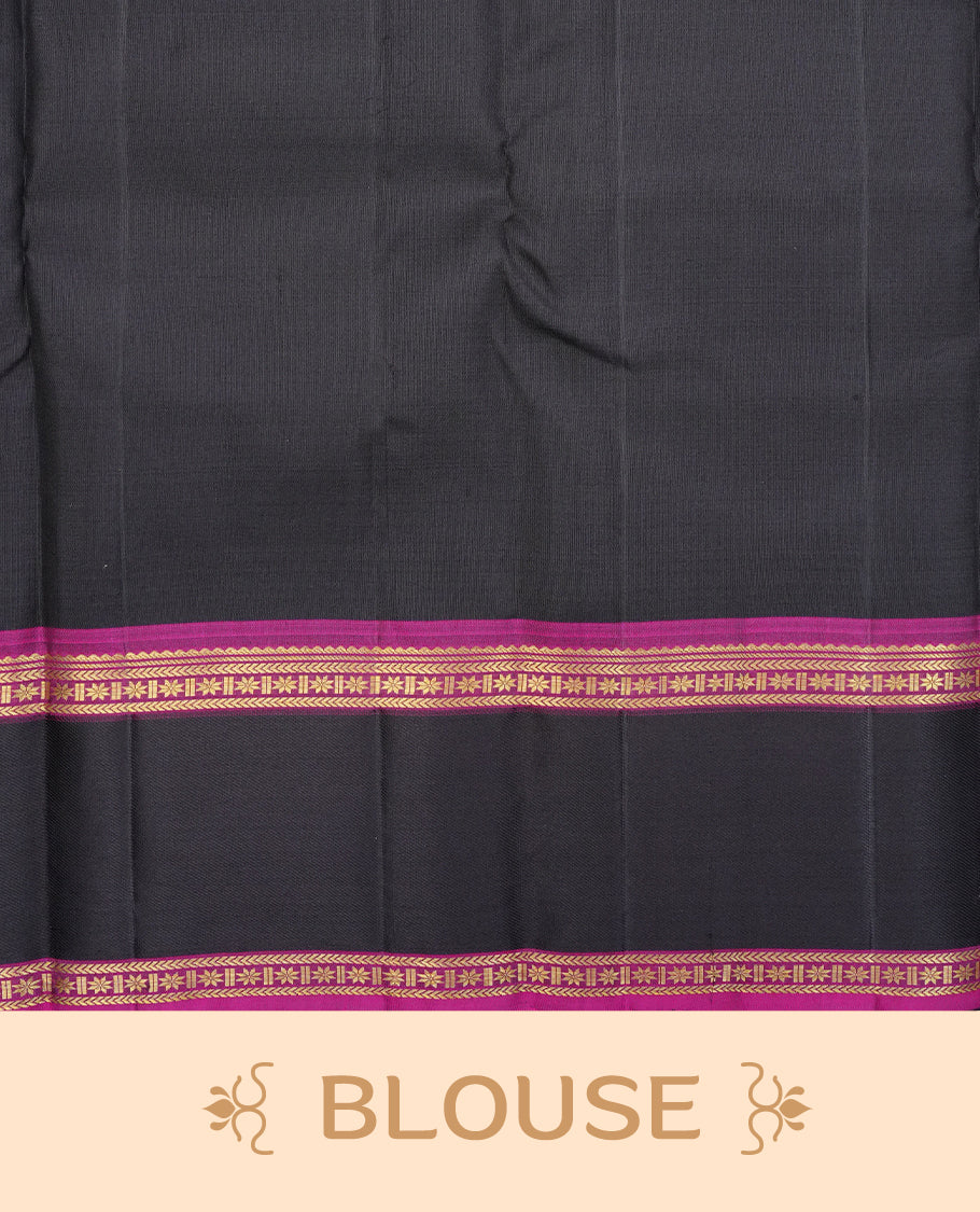 Pinkish beige colour Traditional kancheepuram silk saree featuring Plain body, contrast Black & Purple colour with simple traditional border, comes with matching blouse piece.