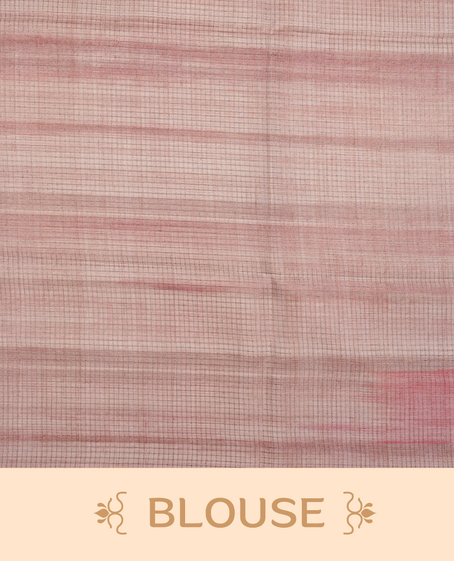 Coral Peach colour semi tussar silk saree featuring floral print across body, contrast peach colour border and pallu, paired with matching blouse piece.