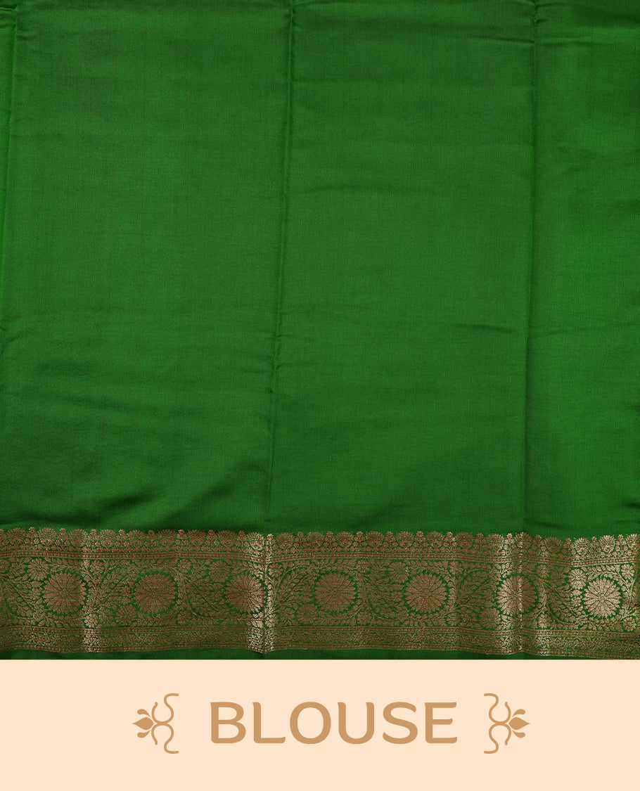 Parrot Green Colour Banaras Soft Silk Saree with Gold Zari Textured Diamond-Shaped Buttas, Simple Decorative Pallu Border, Grand Pallu with Ornate Circular and Floral Motifs in Forest Green and Gold Tones, and Matching Forest Green Blouse.