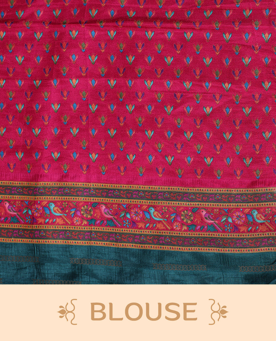 Beige colour Pashmina silk saree intricately woven with all over multicolour floral and paisley vines, accented by a rich pink and green zari border with bird motifs and a coordinated grand pallu, paired with a contrasting matching blouse piece.