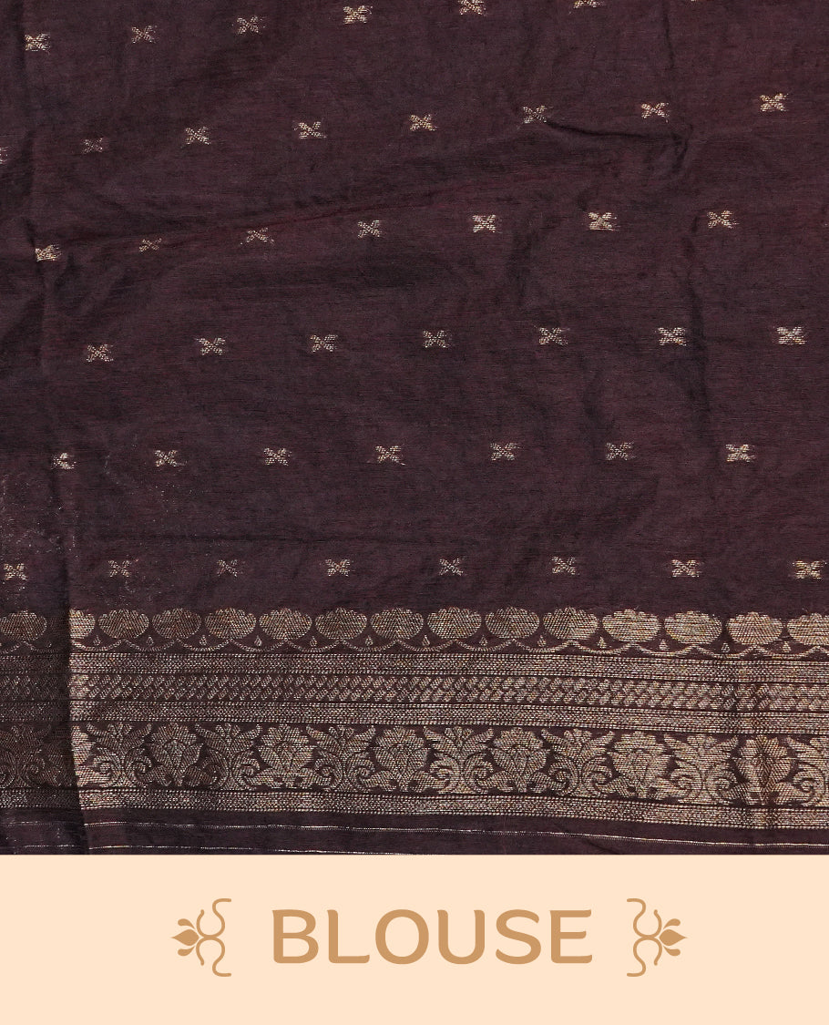 Dark brown  colour semi linen saree with elegant gold zari floral motifs across the body, complemented by a contrast  colour with grand gold zari pallu and a borderless design, paired with a matching blouse piece.