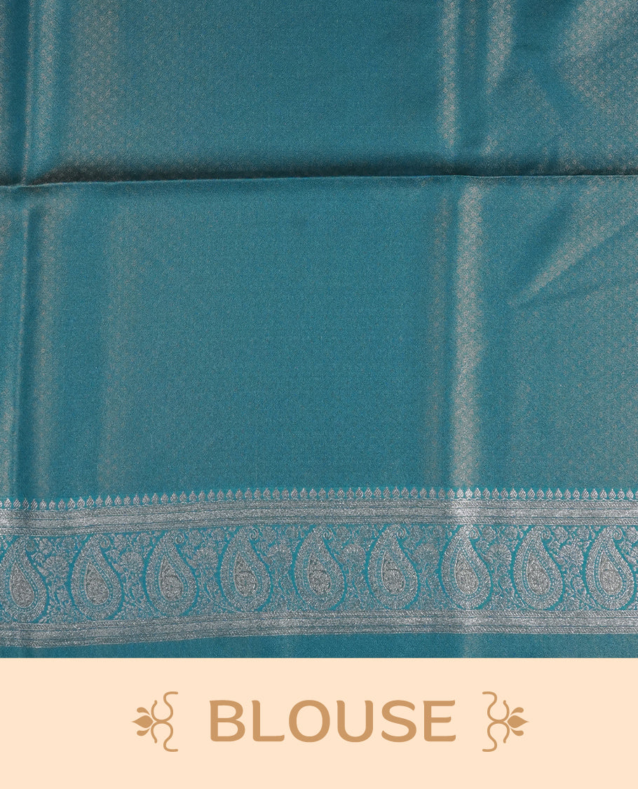 Teal colour Mulberry silk saree featuring Gold zari small buttas & floral motifs  on body, complemented by self colour with Gold zari border, comes with matching blouse piece.