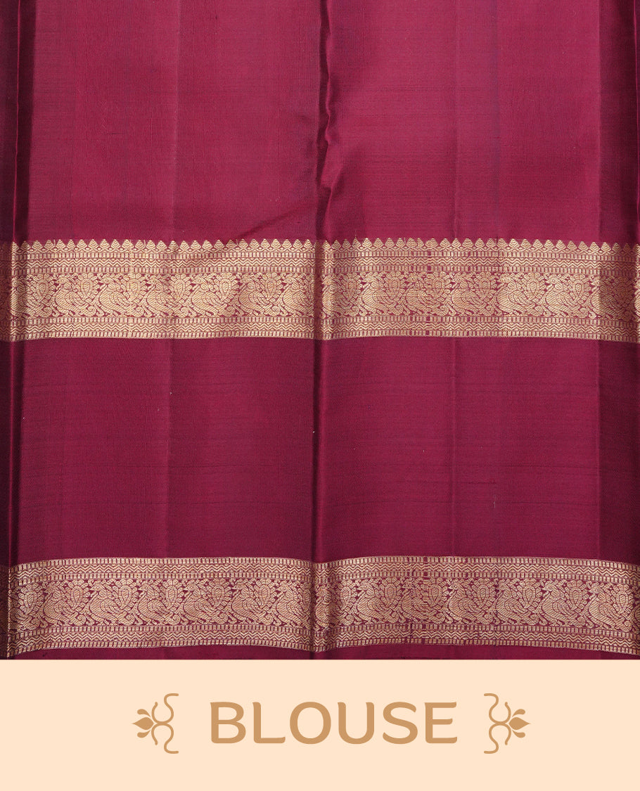 Mustard olive colour Traditional kancheepuram silk saree featuring Gold zari check on body, complemented by Contrast maroon colour with Gold Zari border, comes with matching blouse piece.