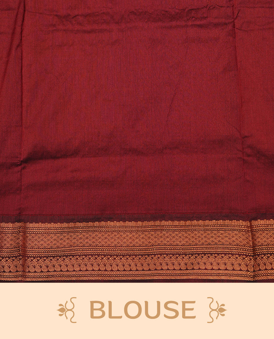 Green colour Kalyani cotton saree featuring Gold zari check pattern on body, complemented by Contrast Maroon colour with grand gold zari border & pallu, matching blouse piece