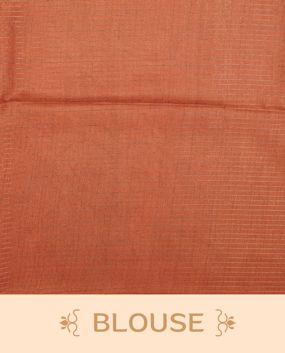 Wheat colour semi tussar silk saree featuring floral print and zari check pattern across body, contrast burnt orange colour border and pallu, paired with matching blouse piece.