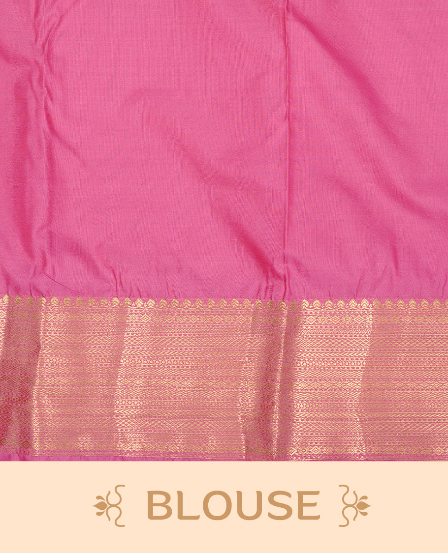 Pink Semi Wedding Silk Saree featuring Gold Zari Check with Motifs On body, Complemented with traditional zari with Self colour border, paired with matching blouse piece.