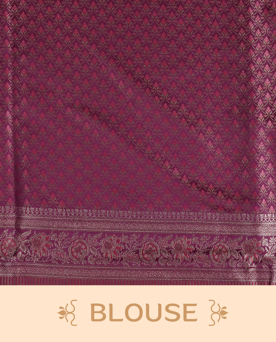 Deep purple colour Mulberry silk saree featuring gold zari Mango & floral kodi pattern across body, complemented by self colour border with gold zari work, comes with matching blouse piece.