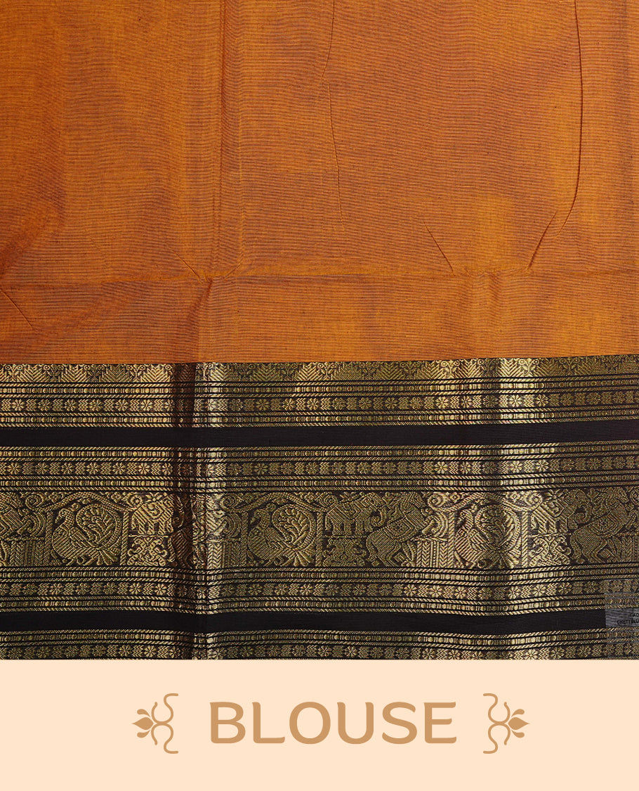Mustard Orange colour chettinad cotton saree featuring  Plain  body, complemented by Contrast Dark Chocolate Colour With Traditional Gold Zari border, paired with matching blouse piece.