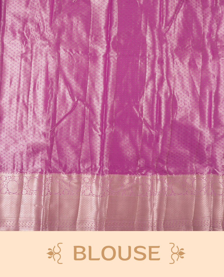 Neon Purple colour and rose gold Zari Tissue Brocade Saree features intricate line Motifs on body and self coloured border & pallu, paired with matching blouse