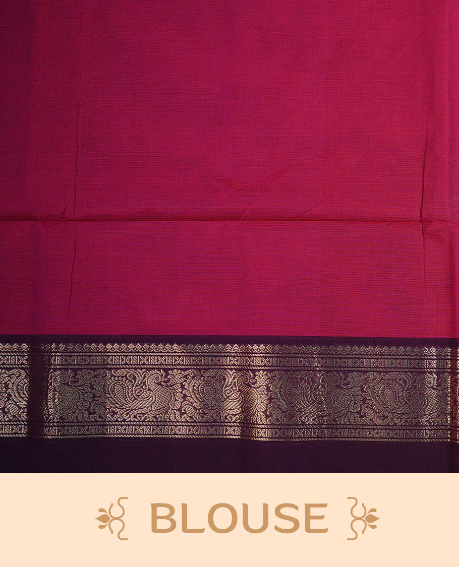 Magenta colour Chettinad Cotton Saree Featuring Plain Body , Complemented By Contrast Wine Colour With  Peacock Gold Zari Border , Paired With Macting  Blouse Piece.