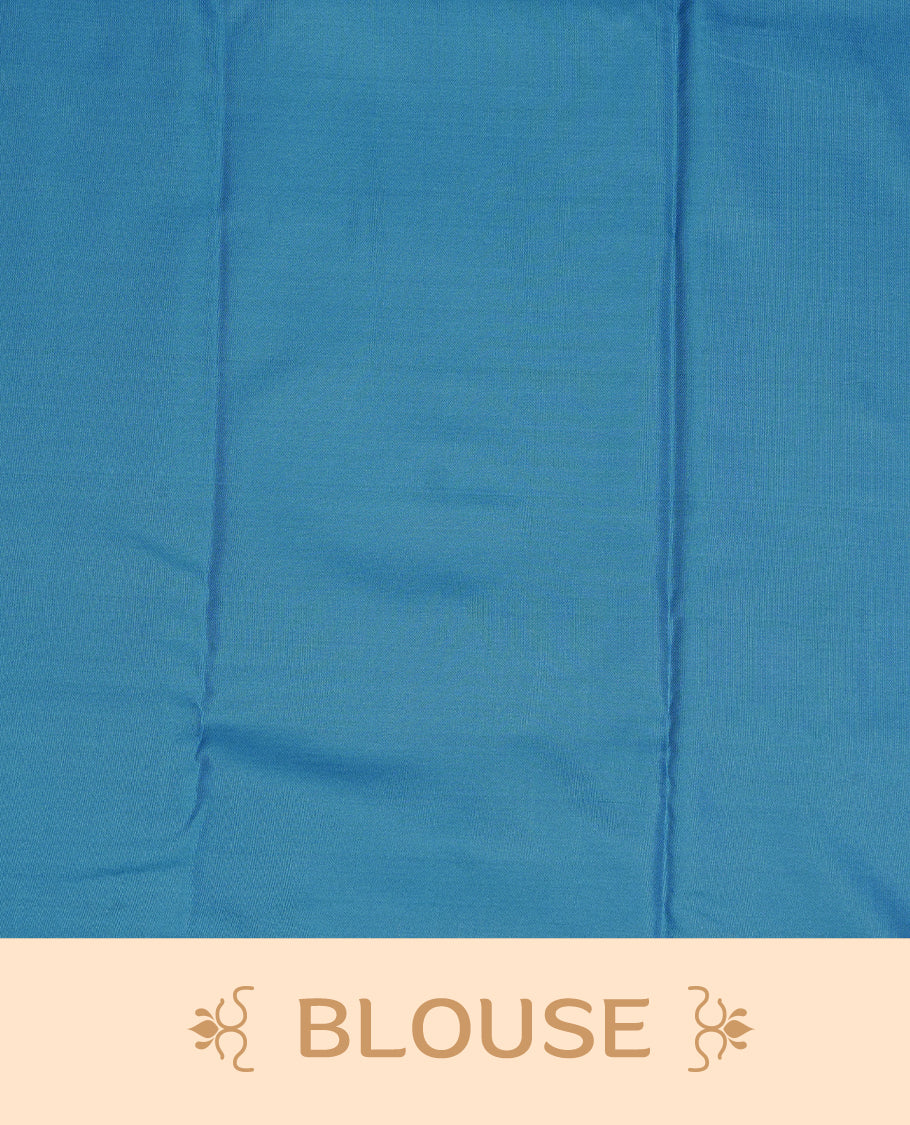 Aqua Colour Wedding Silk Saree Featuring Gold zari Strip pattern on body, complemented by traditional Zari pattern on self colour border, paired with matching blouse piece.