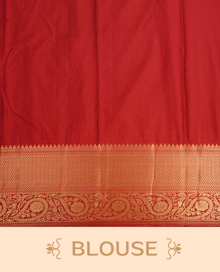 Mustard colour semi wedding saree featuring gold zari motif on check pattern on body, complemented by contrast brick red with traditional border, paired with matching blouse piece.