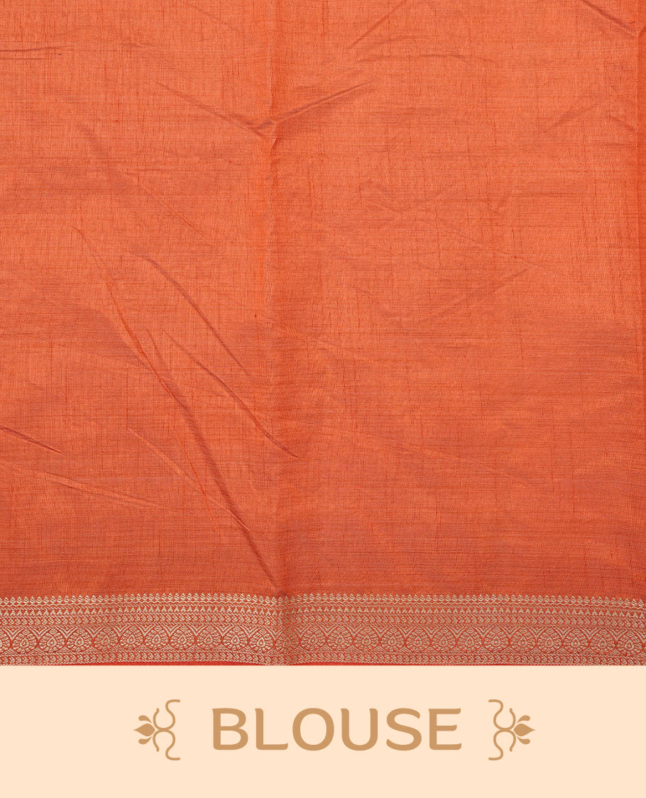Cream colour Semi Tussar silk saree featuring an elegant plain body, accentuated by a contrast Orange border adorned with intricate gold zari work, paired with a matching blouse piece.