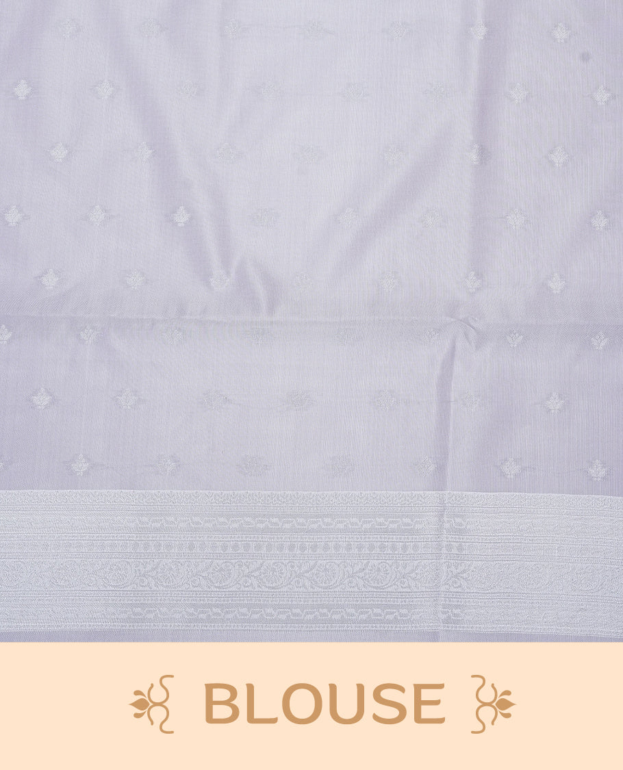 Pink colour semi silk saree featuring Silver zari pattern on body, complemented by contrast Silver colour with silver zari border, comes with matching blouse piece.