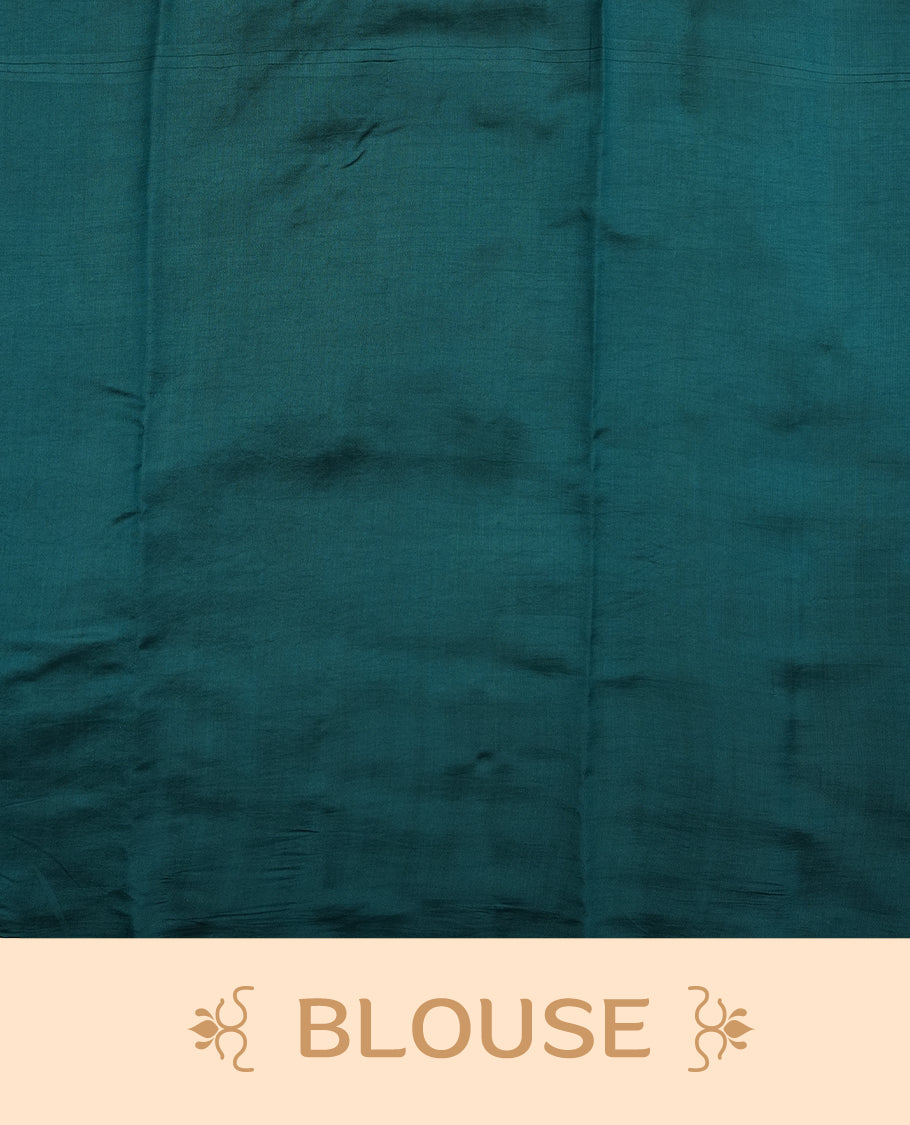 Teal Banaras soft silk saree with gold zari motifs on body, with contrast Dark teal colour floral pattern on pallu, border, and Matching blouse.