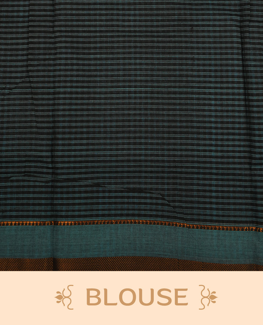 Black  Colour Mangalagiri cotton saree featuring elegant blue Checks  Across The Body ,A  Gold  zari border & Gold Zari Pallu, Paired With a matching blouse piece.