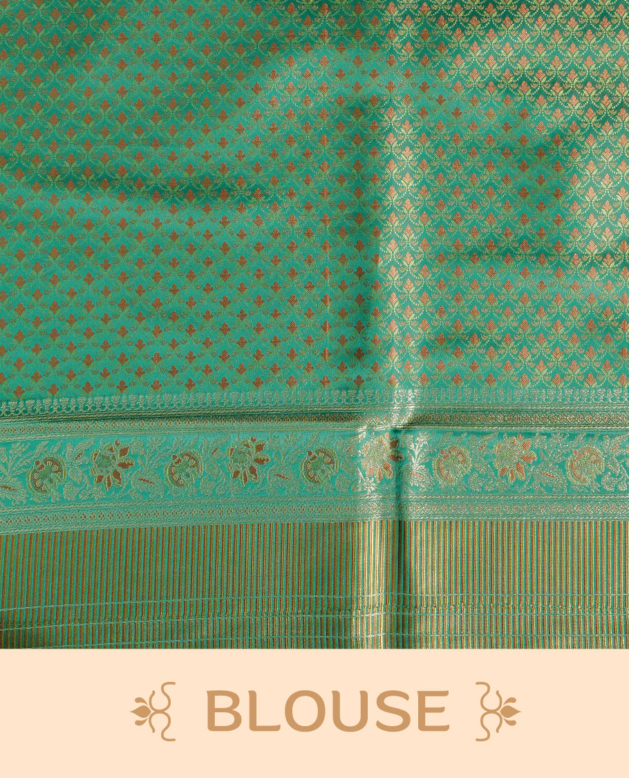 Green colour Mulberry silk saree featuring gold zari Mango & floral kodi pattern across body, complemented by self colour border with gold zari work, comes with matching blouse piece.