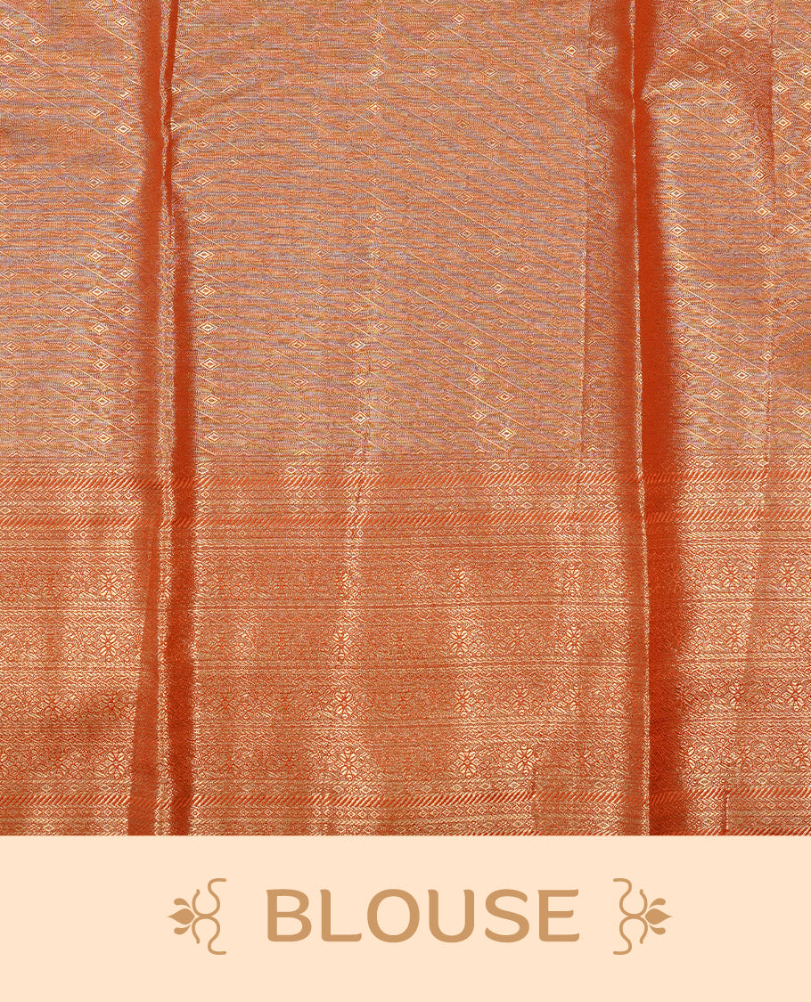 Red & gold colour Tissue silk saree featuring Maroon & Silver zari kodi pattern on body, enhanced with Zari border on self colour, paired with matching blouse piece.