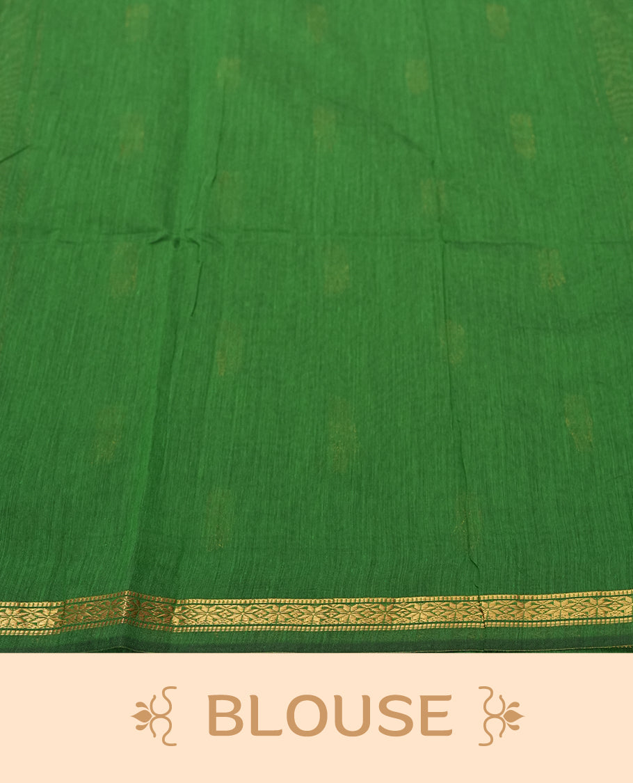 Blue Silk Cotton Saree with Gold Floral Buttas Body, Accented by Gold Zari Border and Green Stripes on Blue and Green Striped Pallu, Paired with Matching Blouse Piece
