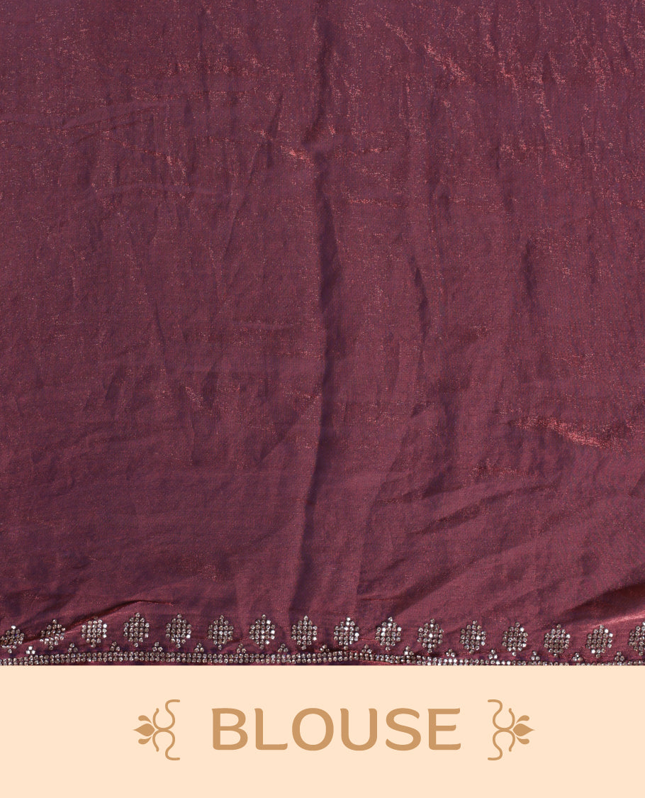 Onion and dark blue double shade colour chiffon designer saree, featuring white stone all over on body, heavy stone patttern on border and  pallu, Paired with matching blouse.