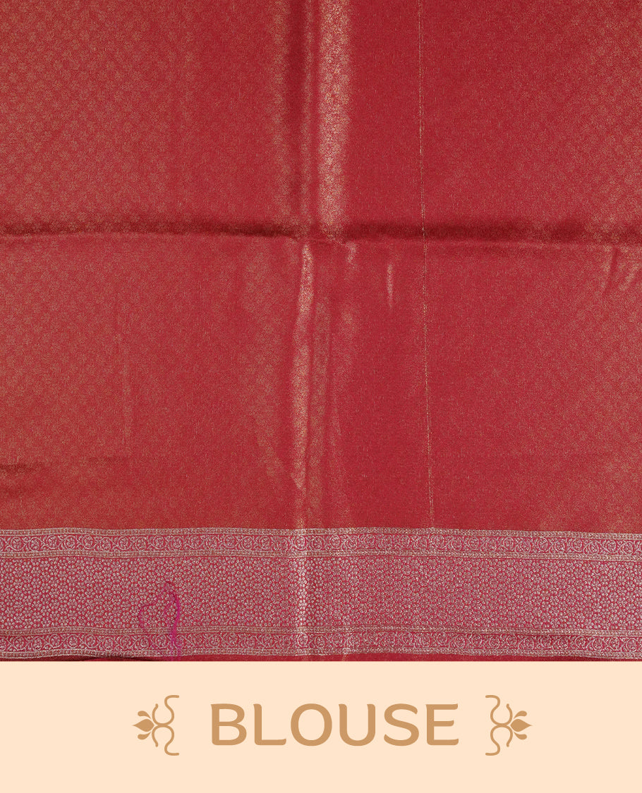 Red colour Mulberry silk saree featuring Gold zari buttas on body, complmented by self colour with Gold zari dual peacock in Temple design border, comes with matching blouse piece.