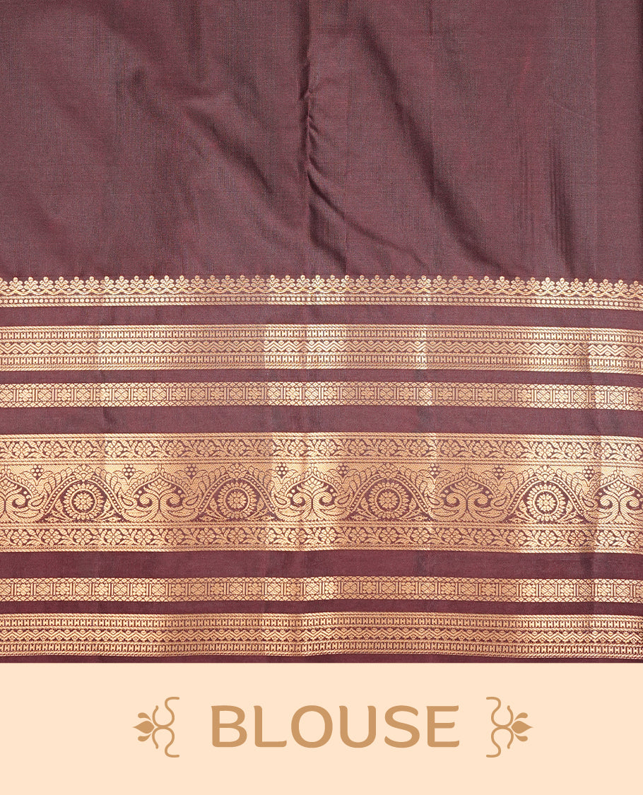Dark Chocolate Colour Wedding Silk Saree Featuring Gold zari stripes on body, complemented by traditional Zari pattern on self colour border, paired with matching blouse piece.