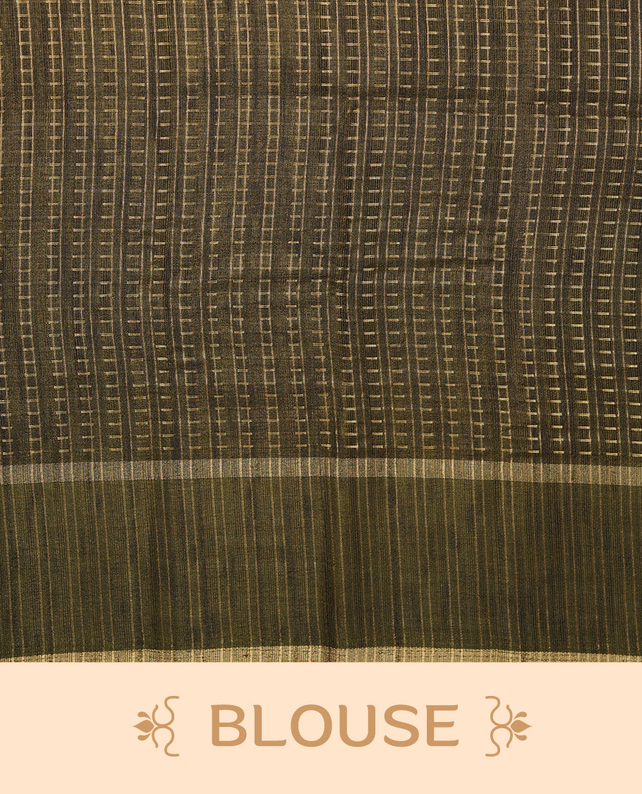 Olive green colour semi tussar silk saree highlighting gold zari dotted stripes, self colour border and contrast dark olive green pallu and comes with matching blouse piece.